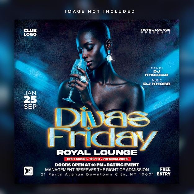 Divas friday party flyer design template with elegant fashion theme and modern nightclub dj event