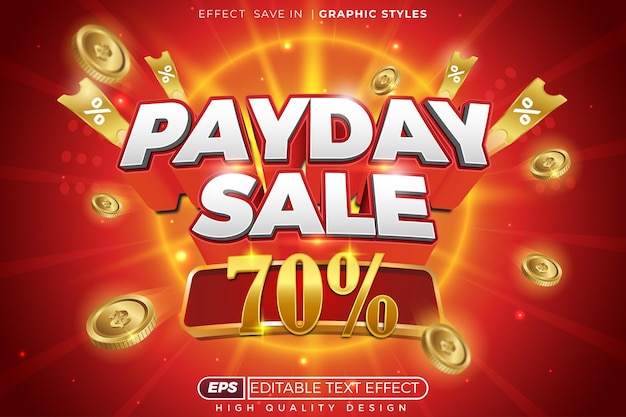 Editable 3d vector text effect pay day sale 70 with coin for promotion poster template