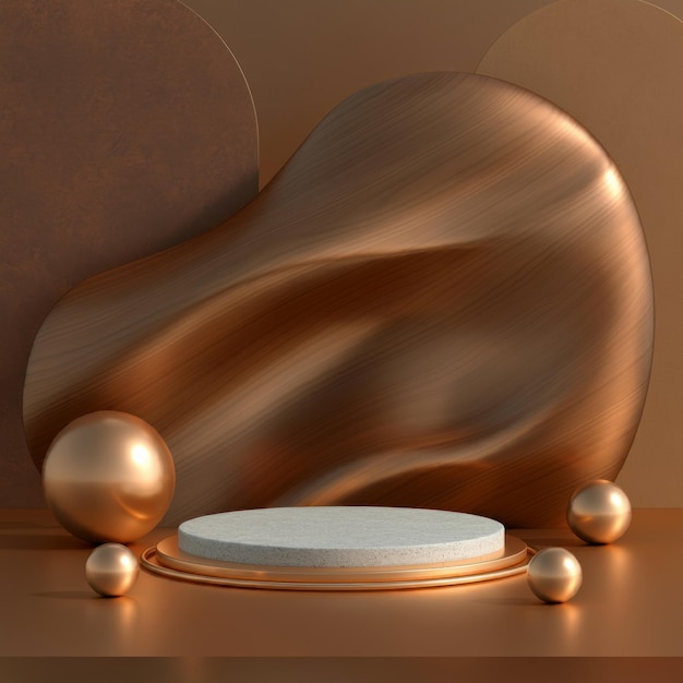 Elegant podium combining wood and stone asymmetrical flow with earthy tones