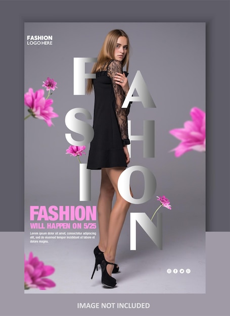 Fashion happens poster template featuring a beautiful blonde woman on a gray background