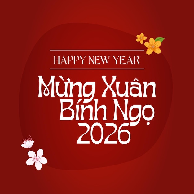 Festive red happy new year greeting with vietnamese text and flowers