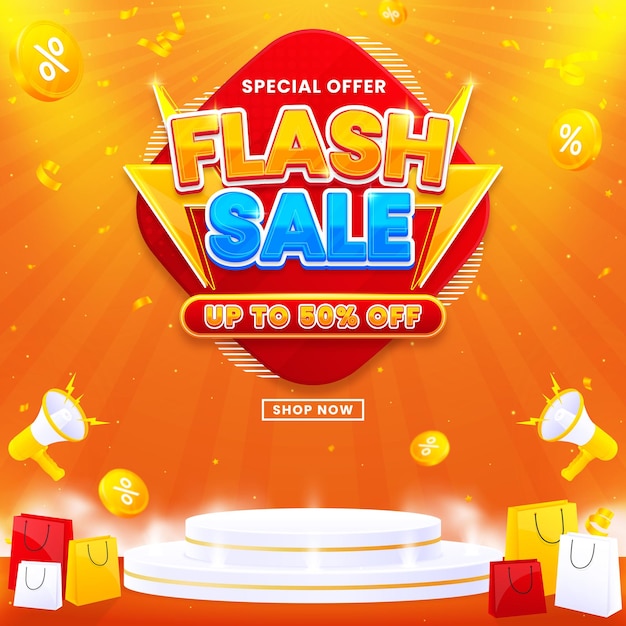 Flash sale discount promo banner template with podium isolated on abstract background