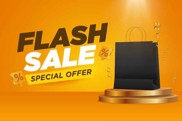 Flash sale promo banner template with podium and shopping bag sale and discount background