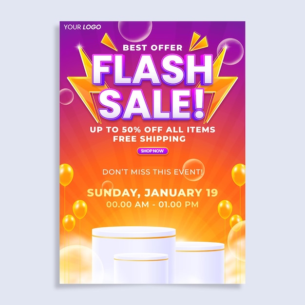 Flash sale vertical poster flyer design template with podium isolated on abstract background