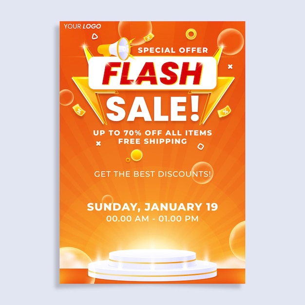 Flash sale vertical poster flyer design template with podium isolated on abstract background