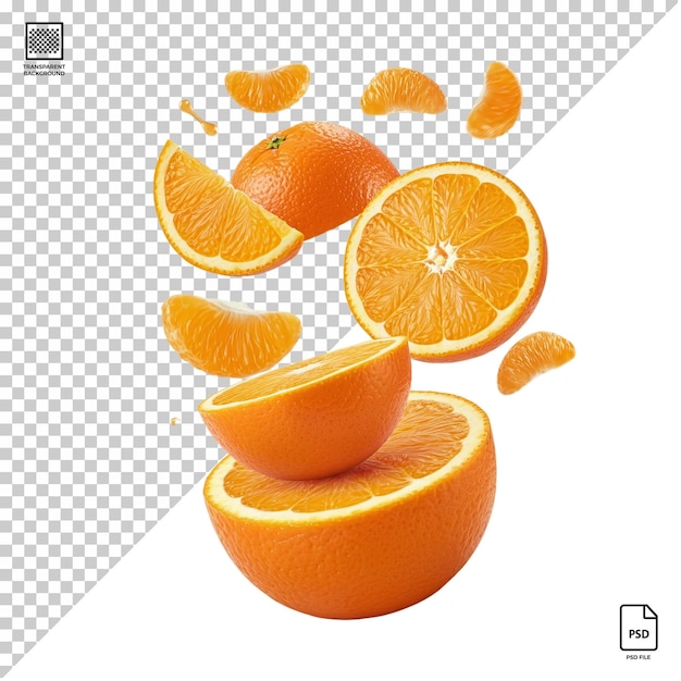 Flying orange slices isolated on transparent background psd