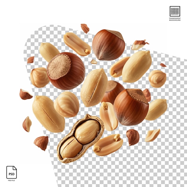 Flying peanut and hazelnut isolated on transparent background psd