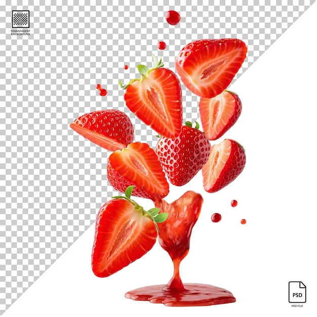 Flying strawberries with syrup isolated on transparent background psd