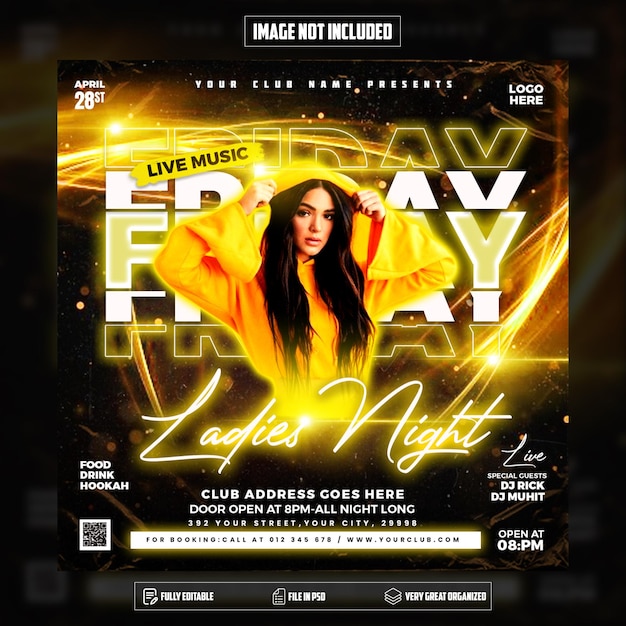 Friday dj party flyer social media post and web banner template psd