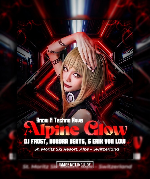 Futuristic alpine glow techno rave poster