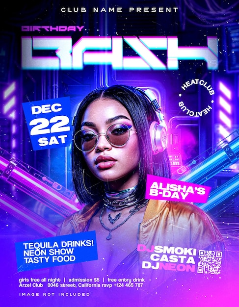 Futuristic neon birthday bash club party flyer and birthday invantation poster design