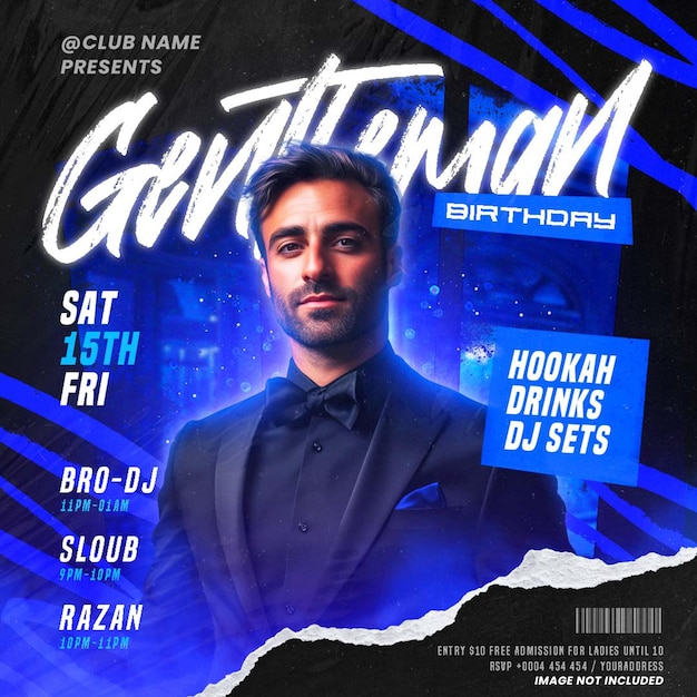 Gentleman birthday club night exclusive party with djs hookah amp drinks instagram poster design