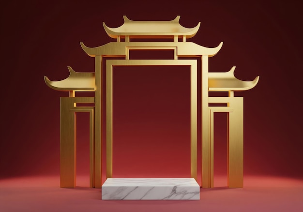 Golden chinese archway with marble pedestal
