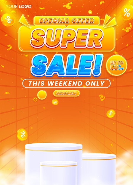 Gradient super sale vertical poster flyer design template with podium