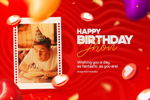 Happy birthday banner template with balloon decoration and photo frame