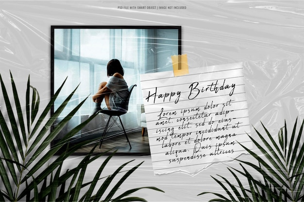 Happy birthday minimalist photo frame polaroid mockup with plastic wrap effect premium psd