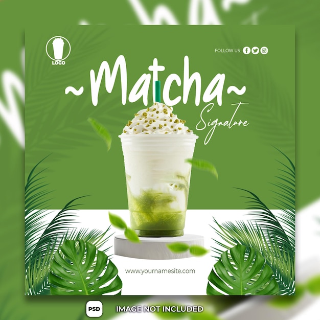 Ice matcha social media post template leaves ornament