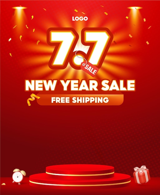 July 7 mega sale banner with red background and spotlight effects