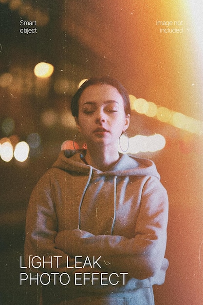 Light leak photo effect portrait of a woman in a hoodie
