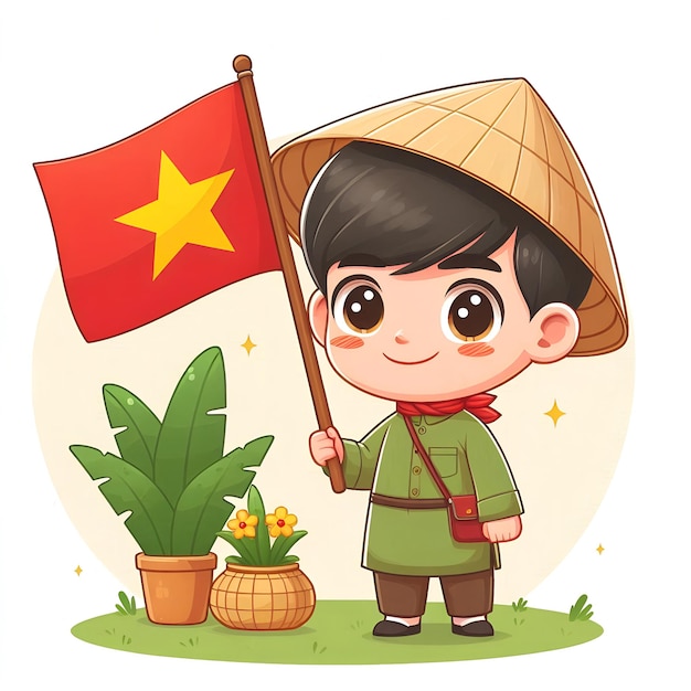 Little boy waving vietnam flag cartoon character illustration