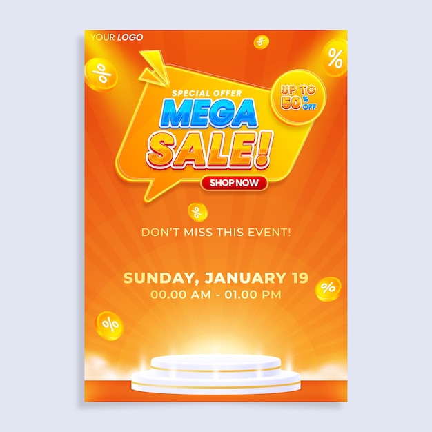 Mega sale vertical poster flyer design template with podium isolated on abstract background