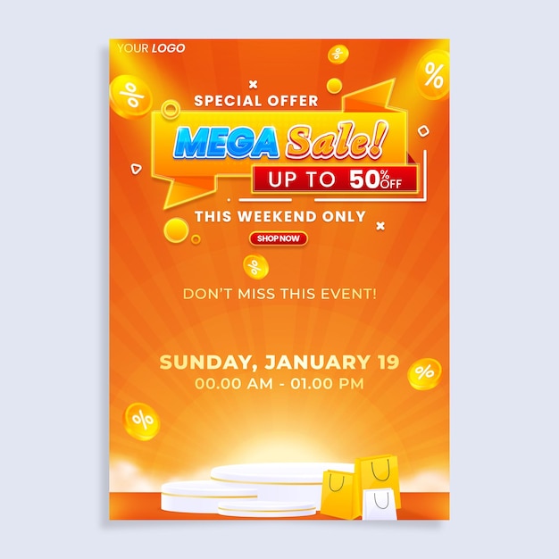 Mega sale vertical poster flyer design template with podium isolated on abstract background