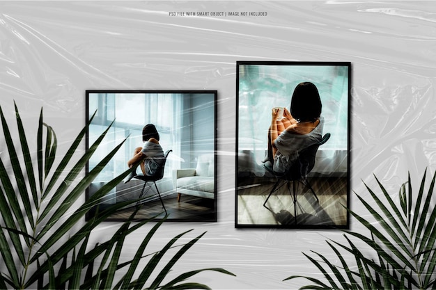 Minimalist photo frame polaroid mockup with plastic wrap effect premium psd