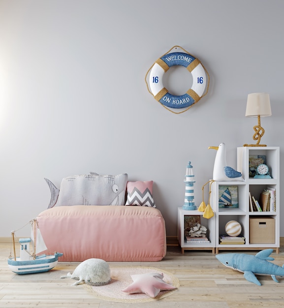 Mock up children room interior background, pink sofa and toys. Scandinavian style, sea style, 3d rendering