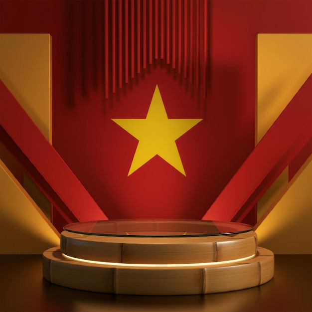 Modern bamboo podium with glass top and vietnamese flag colors elegant and innovative