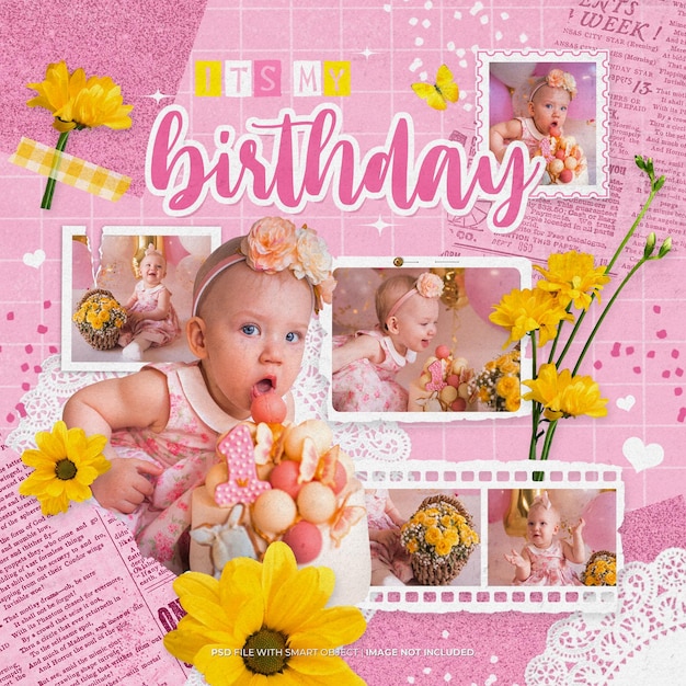 Moodboard birthday baby pink photo frame mockup social media post