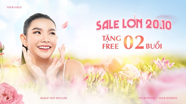 Natural beauty sale banner with smiling woman and pink flowers