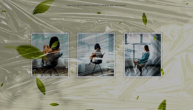 Nature photo frame polaroid with plastic wrap effect premium psd