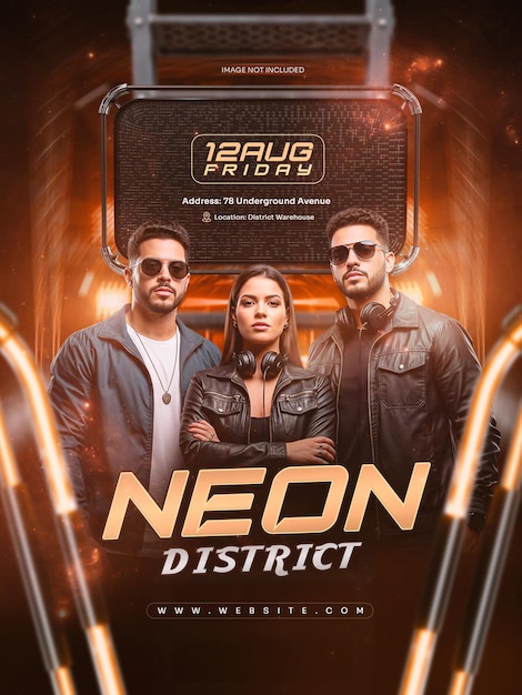 Neon district music event flyer template