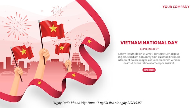 Ngay quoc khanh viet nam or vietnam national day background with flag and buildings