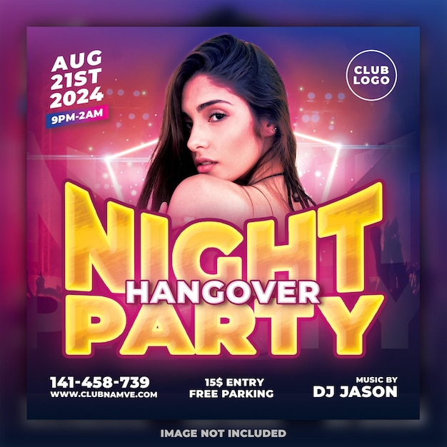 Night club hangover party flyer social media post and web banner template psd