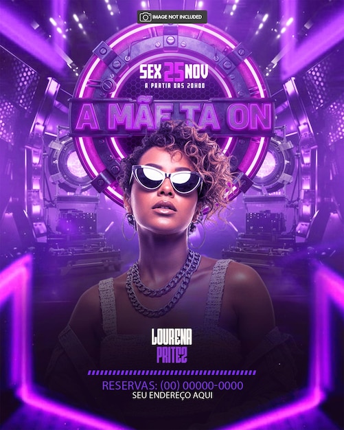 Nightclub event flyer with woman in sunglasses and futuristic neon design