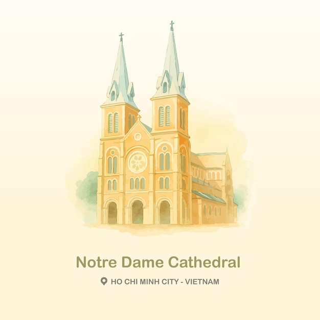 Notre dame cathedral saigon watercolor illustration in ho chi minh city vietnam
