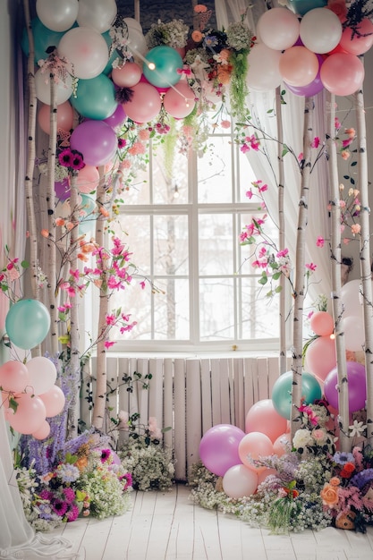 Pastel fairytale spring window decor with balloons and birch for childrens birthday backdrop
