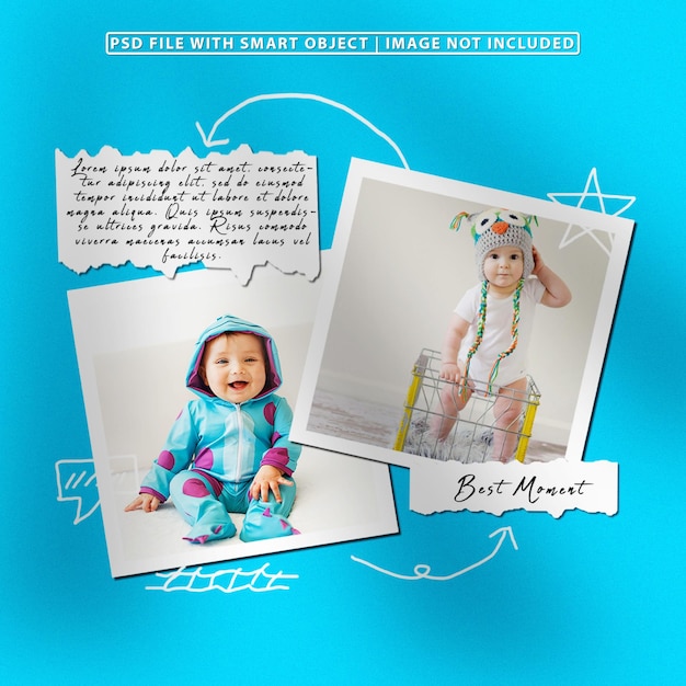 Photo frame set mockup with hand drawn ornaments premium psd