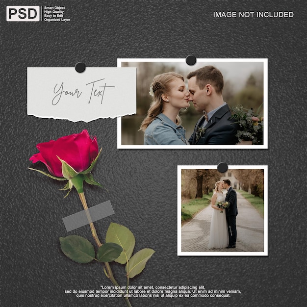 Portrait torn paper photo frame mockup with flower background