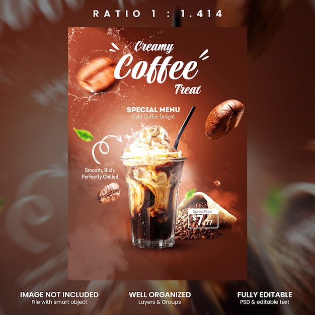 Premium iced latte glass cafe menu poster template