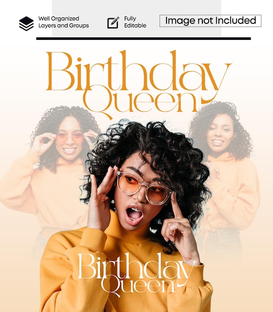 Psd birthday poster with happy beautiful model