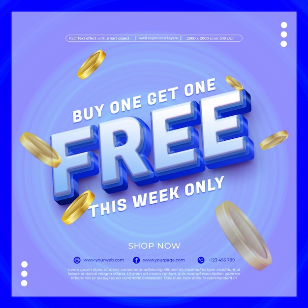 Psd free text buy one get one sale background with editable 3d style effect