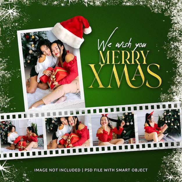 Psd green christmas photo frame mockup moodboard