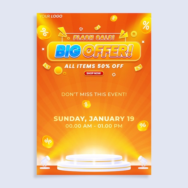 Realistic big offer sale vertical poster flyer design template with podium