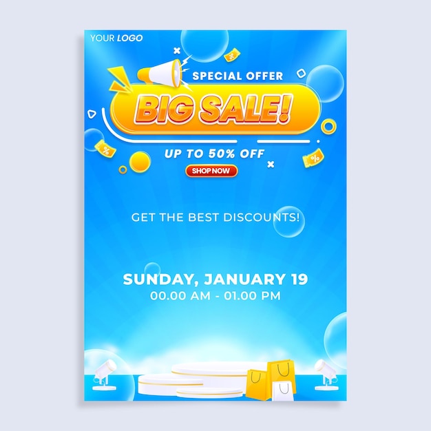 Realistic big sale vertical poster flyer design template with podium