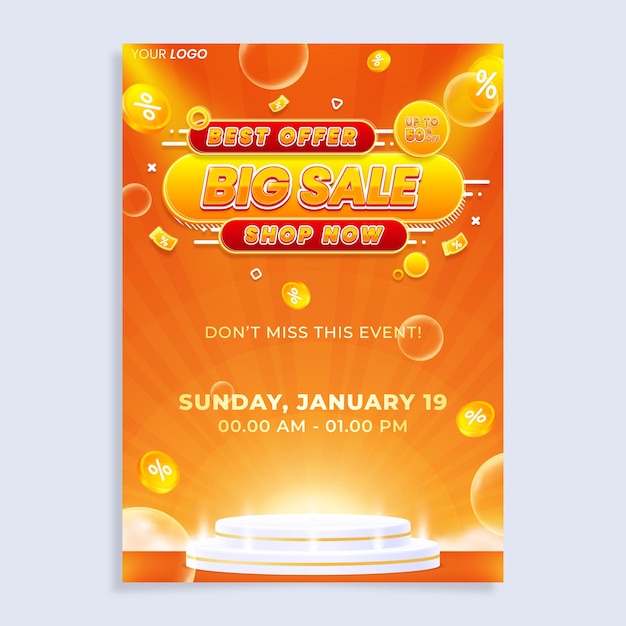 Realistic big sale vertical poster flyer design template with podium