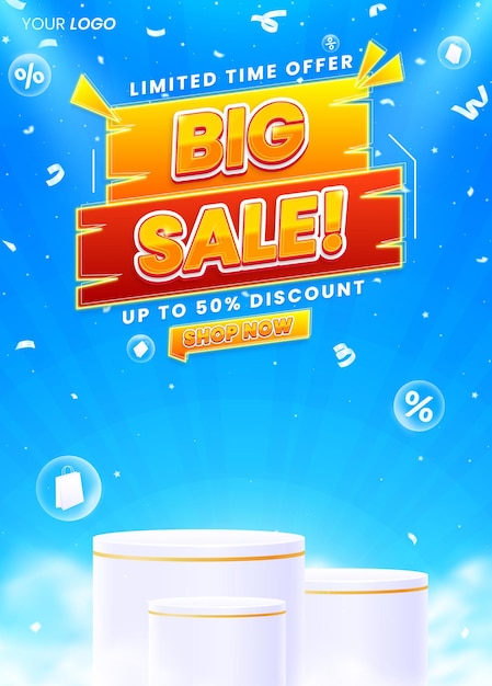 Realistic colorful big sale vertical poster flyer design template with podium