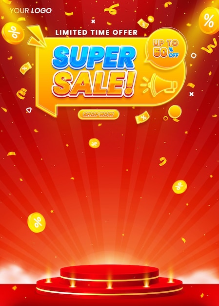 Realistic colorful super sale vertical poster flyer design template shop now with podium