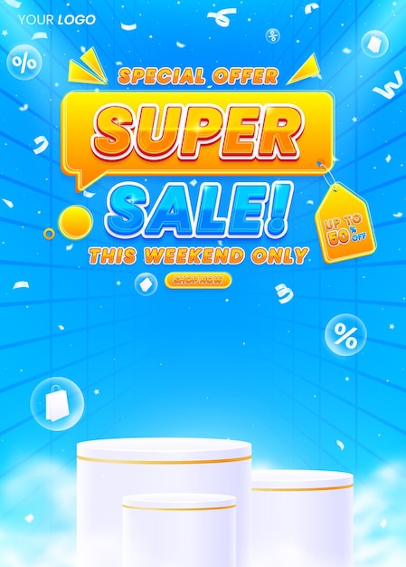 Realistic colorful super sale vertical poster flyer design template with podium